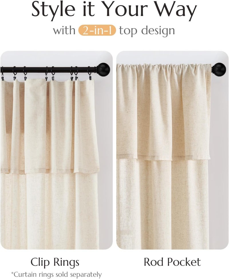 jinchan Linen Blend Light Filtering Curtains 38W x 96L Inch Beige for Living Room Farmhouse Boho Curtains Attached Valances Hooks Drapes 2-Panel Set - Image 5